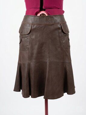 JUNE -  Dark Brown Leather Flare Ruffle Skirt - Size 10